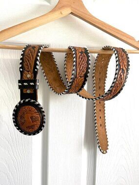 Vintage Chambers Hand Tooled Leather Western Belt Buckstitch Horse Buckle Sz 44